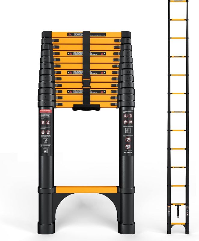 Photo 1 of 16.5 FT Telescoping Ladder, Aluminum Extension Ladder, 330 lbs Load Capacity, Multi-Purpose Collapsible Ladder for Home and Work; Yellow