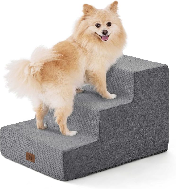 Photo 1 of Dog Stairs for Bed, Dog Steps for Bed Couch Sofa, 35D Foam Pet Steps for Small Dogs and Cats, Extra Wide Pet Stairs with Non-Slip Bottom Grey, 3 Steps