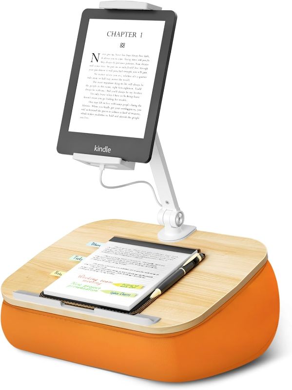 Photo 1 of Lap Beanbag Cozy Kindle Pillow Stand for Bed with Adjustable Arm, 360° Tablet Holder, Fits 4.7"-13" Kindle, iPad, Phone, Lap Desk for Hands Free Reading in Bed, Couch, Sofa,Orange