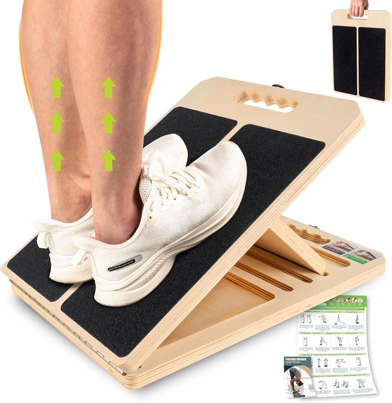 Photo 1 of Slant Board for Calf Stretching, Adjustable Portable Wooden Incline Board for Calf Stretcher with Training Poster, 300 Lbs Weight Capacity Physical Therapy Equipment for Leg, Knees, Heel, Ankle