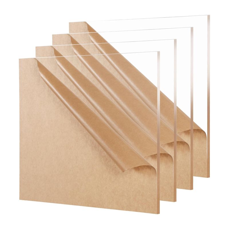 Photo 1 of 4 Pack Clear Acrylic Sheet 1/4" Thick (6mm), 12" x 12" Cast Plexiglass Square Plastic Board for Craft Project, Sign, Display Case, Laser Cutting, Engraving, Home Decor