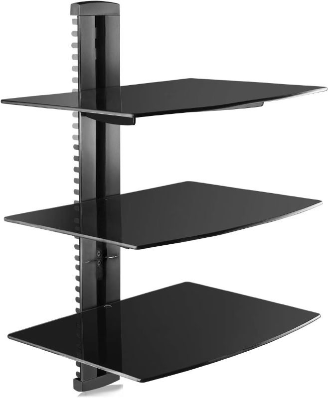 Photo 1 of suptek 3 Floating Shelf Wall Bracket with Strengthened Tempered Glass for DVD Players/Cable Boxes/Games Consoles/TV Accessories, 3 Shelves, Black, CS303