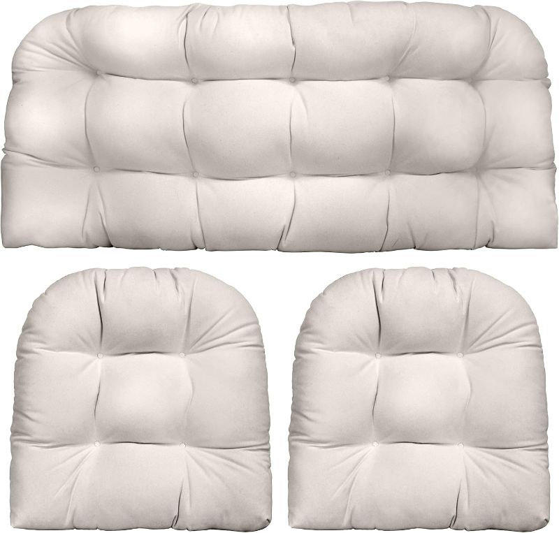 Photo 1 of Sunbrella 3-Piece Tufted Wicker Cushion Set | Standard Size | Crafted with Sunbrella Performance Fabric | Outdoor Loveseat & U-Shaped Seat Cushions | Canvas White