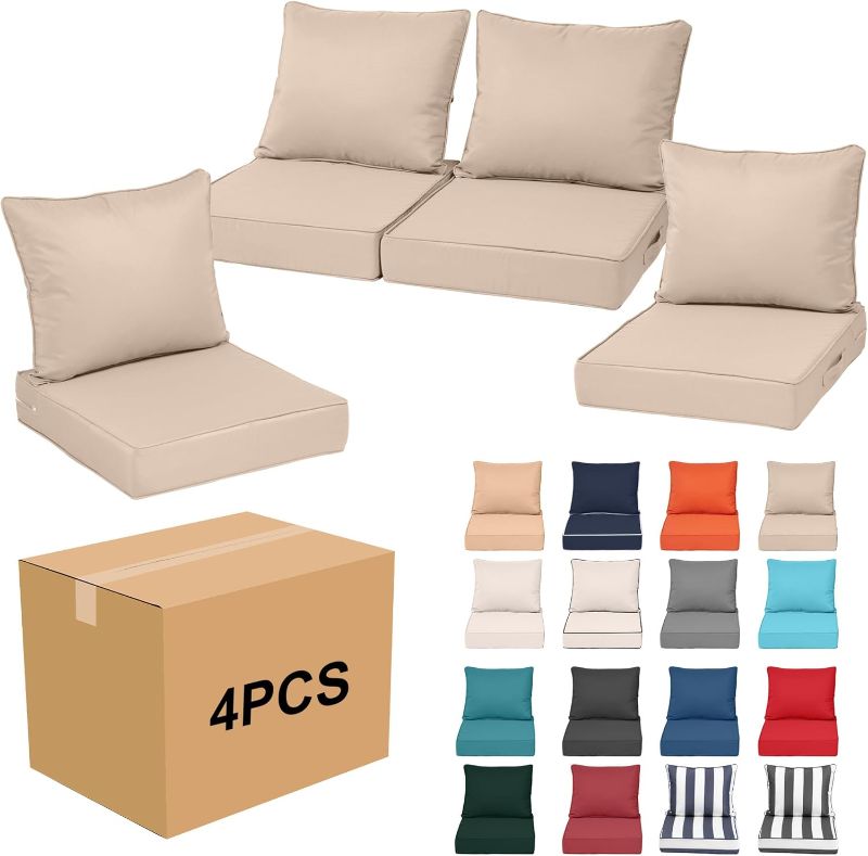 Photo 1 of Outdoor Cushion 22 x 22 X 4 Patio Chair Deep Seat Cushions Set 4, Waterproof Foam Patio Furniture Replacement Cushion, Removable Cover, Ties Handle, for Sofa, Couch and Outside Chairs,Khaki