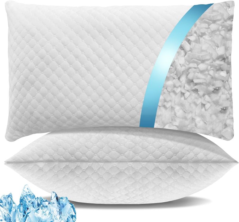 Photo 1 of Shredded Memory Foam Pillows, Cooling Bed Pillows Queen Size Set of 2 for Sleeping, Adjustable Firm Pillows for Side Back and Stomach Sleepers, Washable Removable Cover