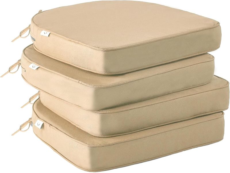 Photo 1 of Outdoor Chair Cushions Set of 4, Waterproof Outdoor Seat Cushions for Patio Furniture, Patio Chair Cushion with Handle and Ties, Round Out Door Chair Pads,19" x 19" x 3", Beige