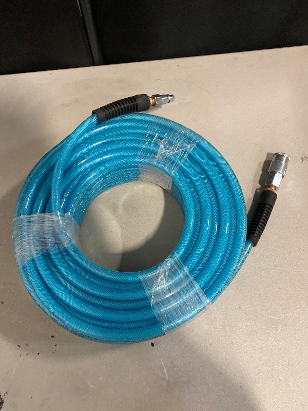 Photo 1 of Reinforced Polyurethane Air Hose 1/4" Inner Diameter by 100' Long, Flexible, Heavy Duty Air Compressor Hose with Bend Restrictor, 1/4" Swivel Industrial Quick Coupler and Plug, Blue