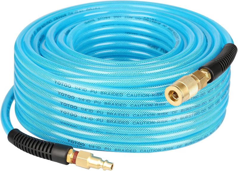 Photo 1 of Reinforced Polyurethane Air Hose 1/4" Inner Diameter by 100' Long, Flexible, Heavy Duty Air Compressor Hose with Bend Restrictor, 1/4" Swivel Industrial Quick Coupler and Plug, Blue