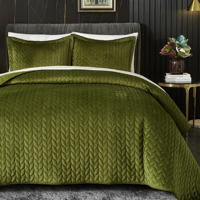 Photo 1 of Queen Velvet Quilt Green Lightweight Velvet Comforter Set Oversized Bedspread Coverlet Full for All Season 3Pcs Luxury Quilted Bedding