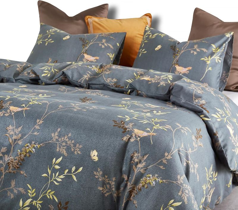 Photo 1 of California King Wake In Cloud - Floral Comforter Set, Birds Flowers Leaves and Branches Pattern Printed for Men Women, Soft Lightweight Bedding, 3 Pieces, Dark Gray, California King Size