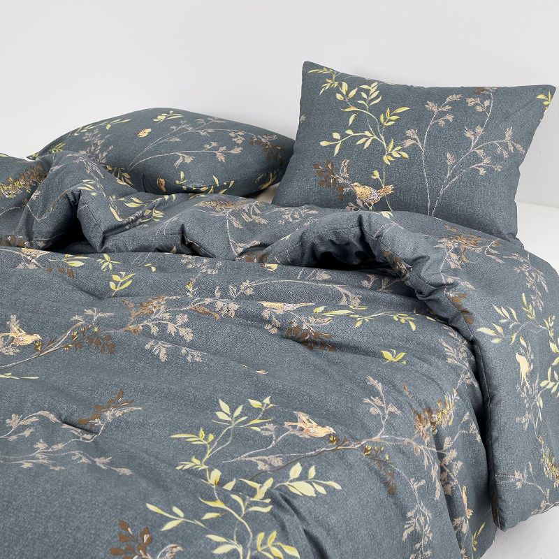 Photo 1 of (CAL K) Wake In Cloud - Floral Comforter Set, Birds Flowers Leaves and Branches Pattern Printed for Men Women, Soft Lightweight Bedding, 3 Pieces, Dark Gray, California King Size