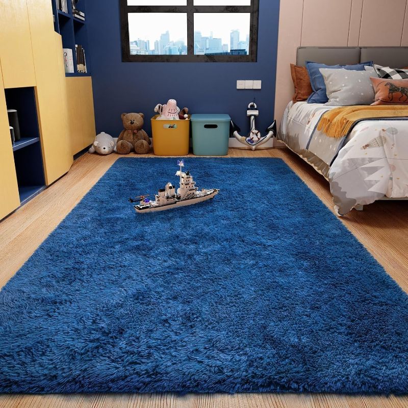 Photo 1 of Upgrade 4x6 Blue Rugs for Bedroom, Dark Blue Fluffy Shaggy Soft Carpet, Navy Indoor Floor Carpet for Kids Baby Boys Teen Dorm Room, Nursery,Home Decor Aesthetic