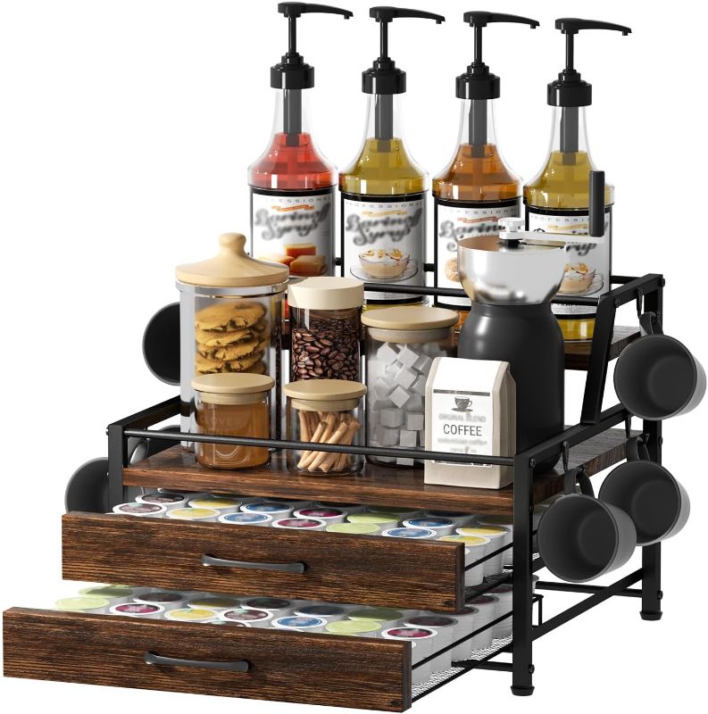 Photo 1 of Coffee Syrup Rack Organizer - 4-Tier 8 Syrup Wine Bottles Stand with 82 Storage Drawer for K Cups, Coffee Pod Holder for Countertop, Bar Station, Kitchen, Rustic Brown