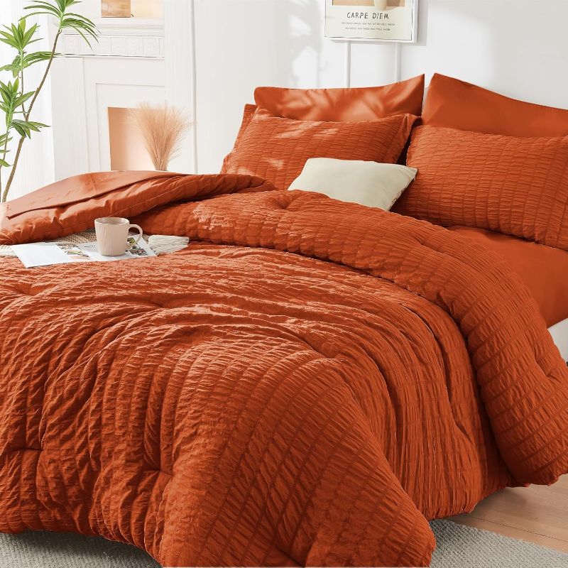 Photo 1 of Burnt Orange Queen Comforter Set Seersucker 7 Pieces, All Season Luxury Bed in a Bag for Bedroom, Bedding Set with Comforters, Sheets, Pillowcases & Shams