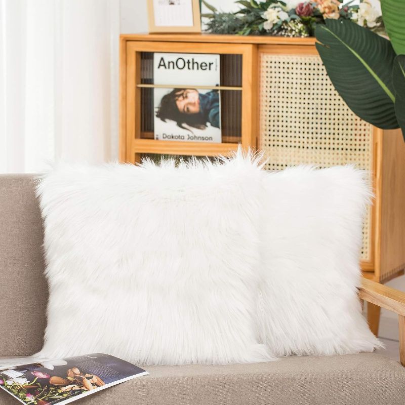 Photo 1 of Set of 2 Decorative Faux Fur Throw Pillow Covers, White Fluffy Soft Fuzzy Square Cushion Cover Pillow Case for Sofa, Couch, Chair, Bed, Cafe, 18 x 18 Inches