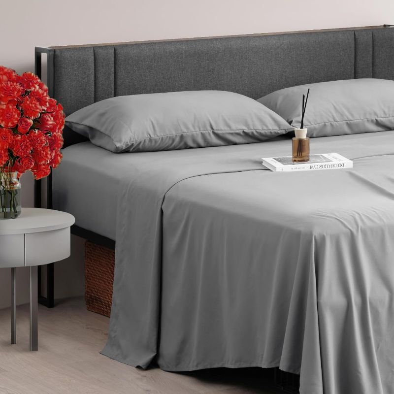 Photo 1 of Queen Bed Sheets Set with 2 Pillocases and Fitted Sheet - Cooling & Breathable Luxury Hotel Sheets & Pillowcases, Extra Soft, Wrinkle Free, Up to 16 inch, Grey