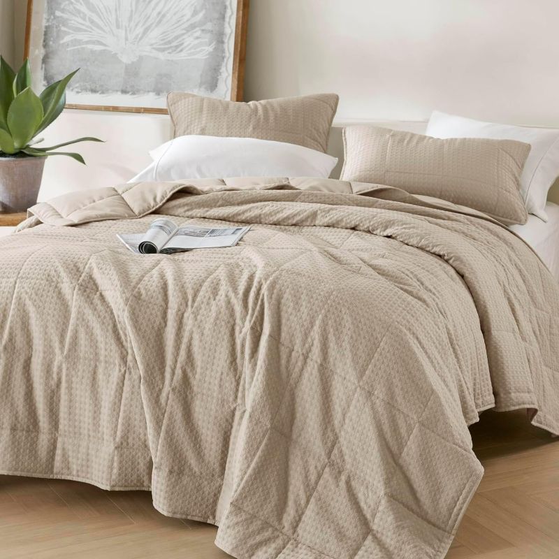 Photo 1 of King - Comfort Spaces Neutral Quilt Set - 3 Pieces Breathable Dotted Weave Quilt Sets with Piping Border, Modern Farmhouse Cottage Coverlet & Sham, All Season Microfiber King Bed Set, King/Cal King