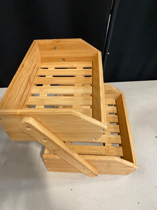 Photo 1 of Fruit Basket, 2 Tier Bamboo Fruit Basket for Kitchen, 11" Tall Fruit Stand Storage Holder, Heavy Duty/Large Capacity for Vegetables, Fruit, and Snack, 15 mm Thickness (Self-assembly)