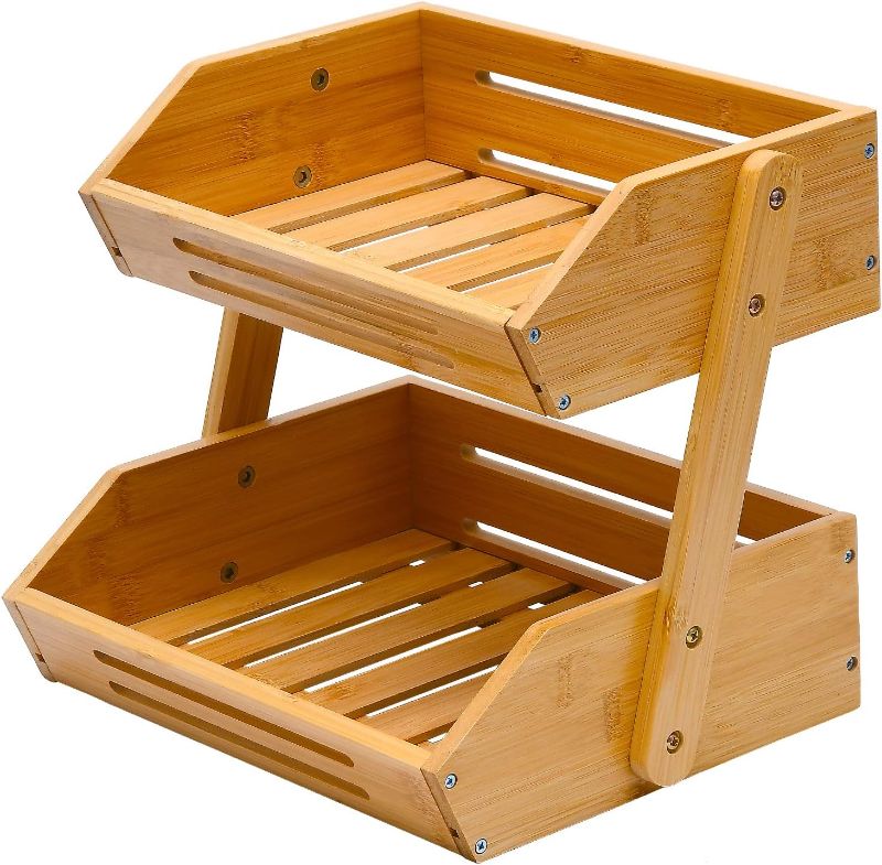 Photo 1 of Fruit Basket, 2 Tier Bamboo Fruit Basket for Kitchen, 11" Tall Fruit Stand Storage Holder, Heavy Duty/Large Capacity for Vegetables, Fruit, and Snack, 15 mm Thickness (Self-assembly)