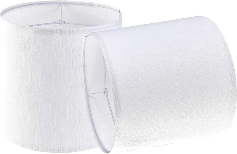 Photo 1 of Set of 2 White Tall Linen Drum Lamp Shades Modern Lamp Shade 9.8" Top x 9.8" Bottom x 10.8" High (Spider) Medium Lampshade for Table & Beside Lamp - Lampshades Replacement By GO&SO