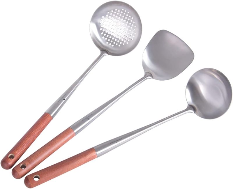 Photo 1 of Titanium Wok Spatula and Ladle, Skimmer Spoon Cooking Tools Set with Long Handle Chinese Wok Utensils for Camping Kitchen Home 3pcs