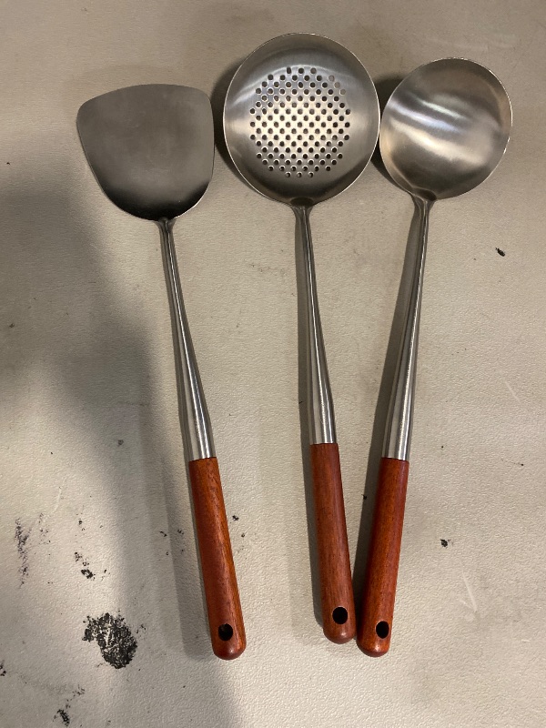 Photo 1 of Titanium Wok Spatula and Ladle, Skimmer Spoon Cooking Tools Set with Long Handle Chinese Wok Utensils for Camping Kitchen Home 3pcs