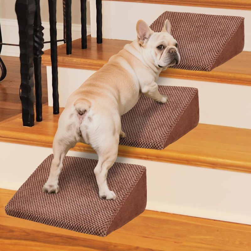 Photo 1 of Dog Ramp for Stairs Suits for Small Dogs Cats, Pet Steps Stairs for Staircase Stairs with Anti-Slip Bottom and Self-Sticky Pads to Fix Suitable for Dogs Cats(3Pcs, Brown)
