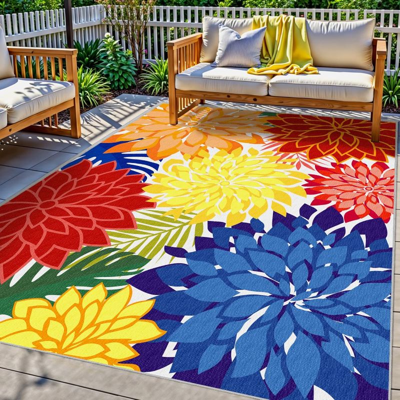 Photo 1 of Indoor Outdoor Area Rug 8x10 Patio Washable Multicolored Patio Rug Tropical Botanical Modern Floral Indoor Outdoor Carpet Non-Slip for RV, Pool Deck, Backyard, Porch