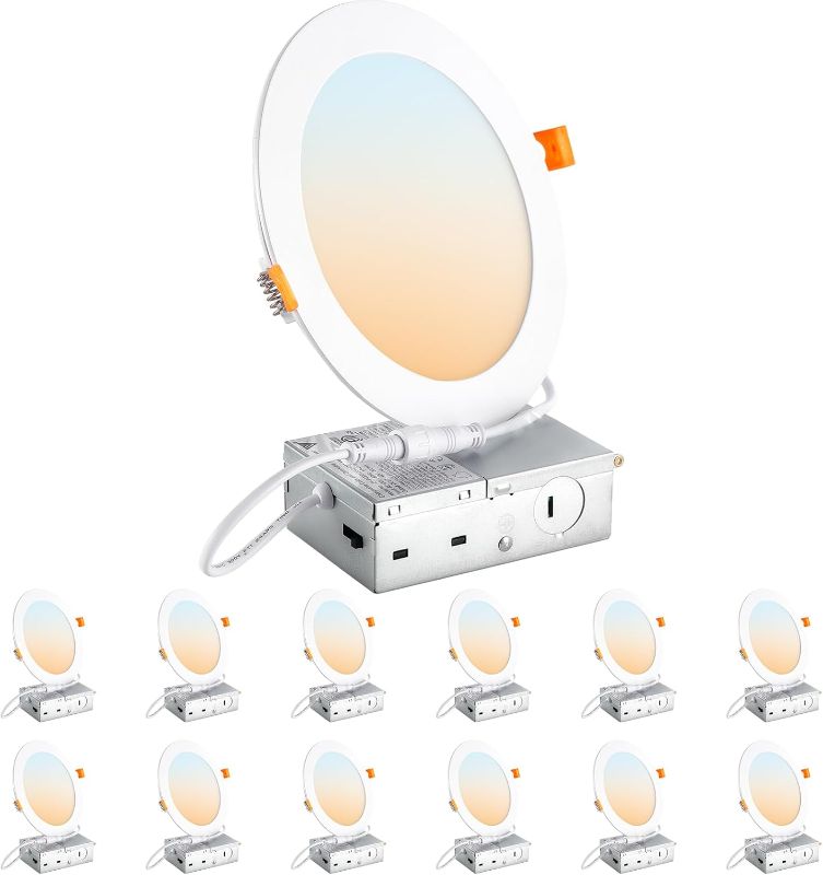 Photo 1 of DLLT LED Recessed Ceiling Lights: 12 Pack 6 Inch 5CCT Ultra-Thin Lighting with Junction Box for Bedroom - 1200LM Brightness 12W Eqv 110W Dimmable Canless Wafer Downlight with ETL&FCC