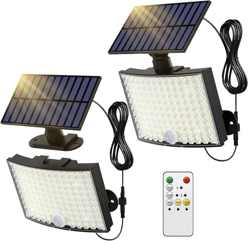 Photo 1 of Outdoor Solar Lights, Bright 128 LEDs Flood Light with Optical Lens, Solar Powered Security Lights with 23 ft Cable, Remote Control 5 Modes Motion Sensor Light Outdoor for Garage Yard, 2 Pack