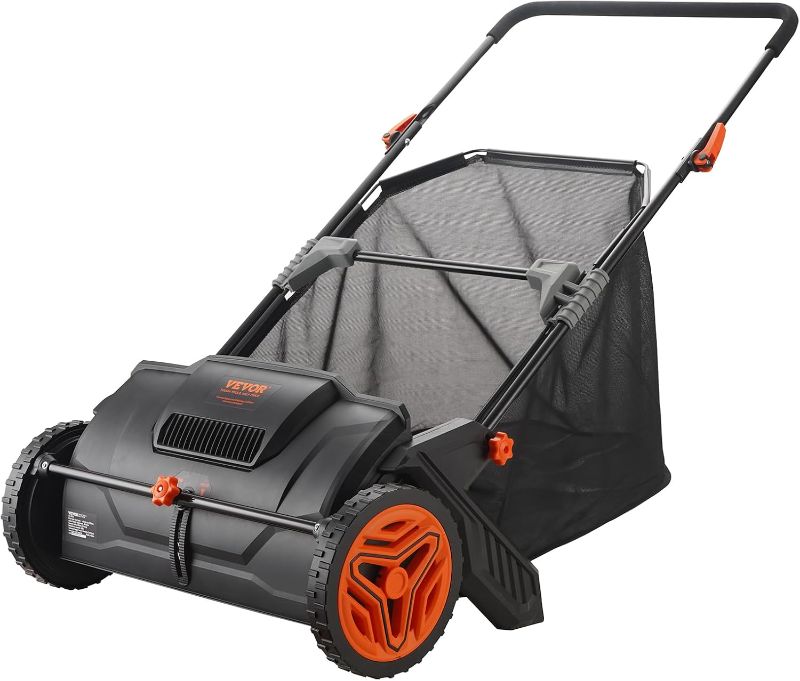 Photo 1 of VEVOR Push Lawn Sweeper, 21inch Leaf & Grass Collector, Heavy Duty Thickened Steel Durable to Use with Large Capacity 3.5 cu. ft. Mesh Collection Hopper Bag, 2 Spinning Brushes