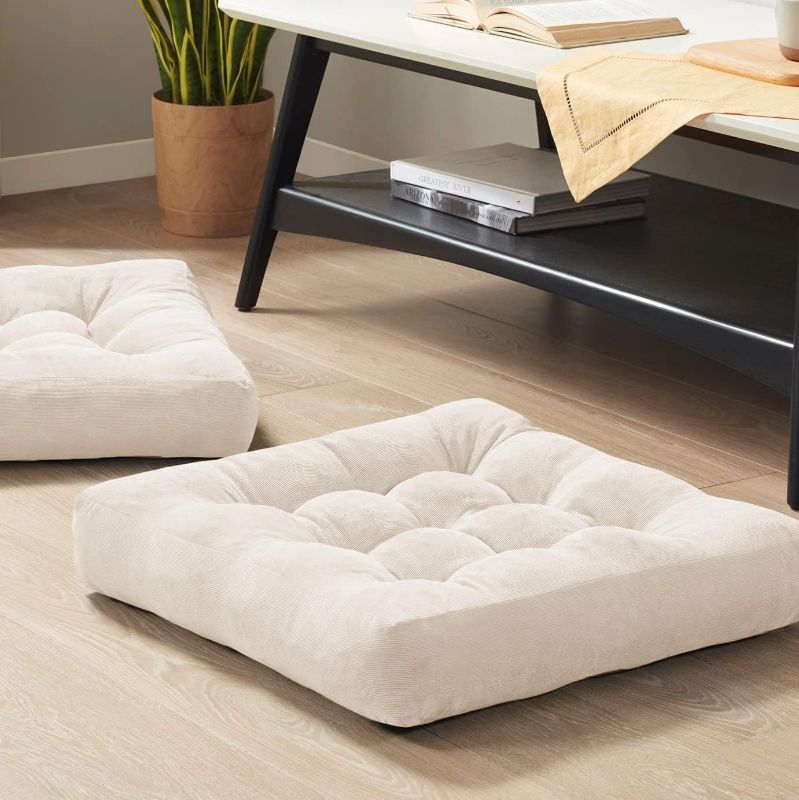 Photo 1 of Meditation Floor Pillow Set of 2, Square Large Pillows Seating for Adults, Tufted Corduroy Cushion for Balcony Outdoor Tatami Living Room, Beige, 22x22 Inch