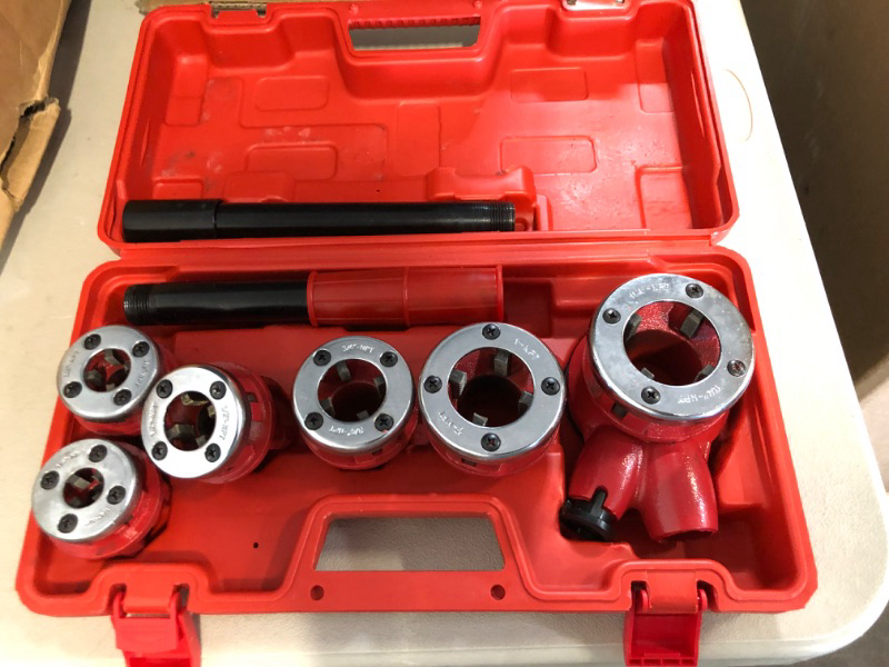 Photo 1 of Goplus Ratchet Pipe Threader Kit, Ratcheting Pipe Threading Tool Set w/ 6 Dies- 1/4", 3/8", 1/2", 3/4", 1", 1-1/4" and Storage Case