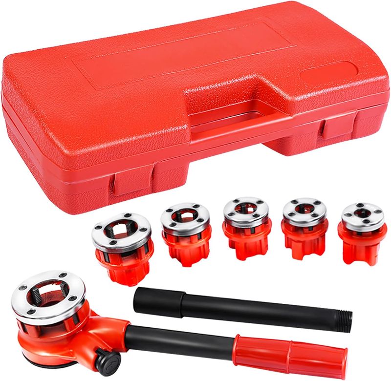 Photo 1 of Goplus Ratchet Pipe Threader Kit, Ratcheting Pipe Threading Tool Set w/ 6 Dies- 1/4", 3/8", 1/2", 3/4", 1", 1-1/4" and Storage Case