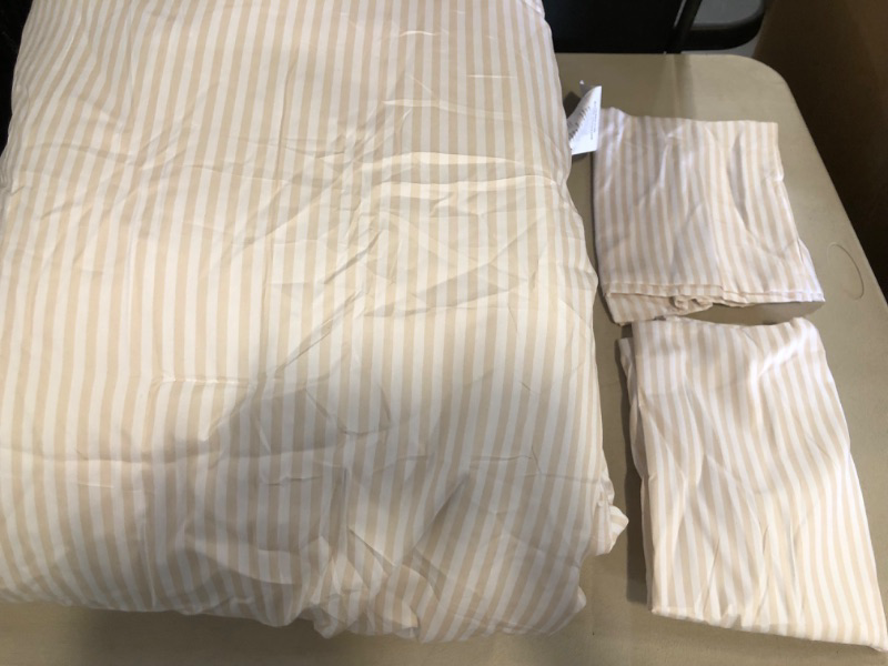 Photo 1 of Twin/Twin XL Size Wake In Cloud - Striped Comforter Set, Ticking Stripe Vertical Pinstripe Neutral Farmhouse Pattern Printed, Soft Lightweight Bedding, 3 Pieces, Yellow Beige White, 