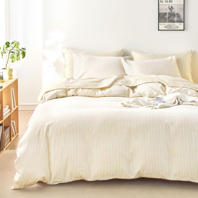 Photo 1 of Twin/Twin XL Size Wake In Cloud - Striped Comforter Set, Ticking Stripe Vertical Pinstripe Neutral Farmhouse Pattern Printed, Soft Lightweight Bedding, 3 Pieces, Yellow Beige White, 