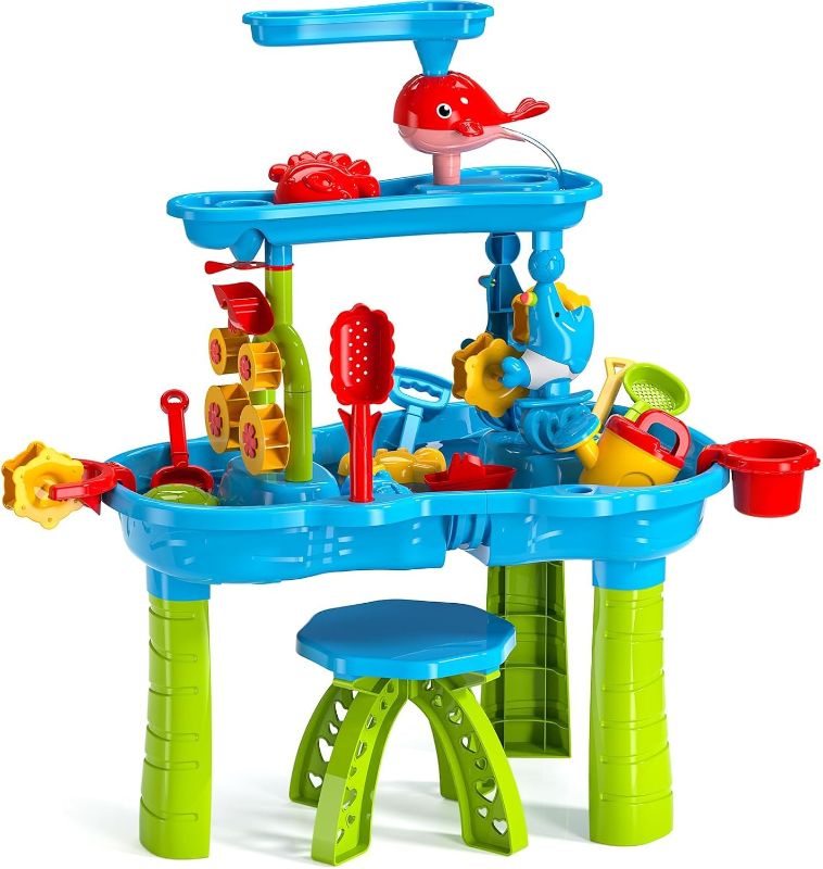 Photo 1 of 2025 Upgraded 3-Tier Water Table with Chair – Kids Outdoor Sensory Play Table for Backyard or Beach Fun, Boys & Girls