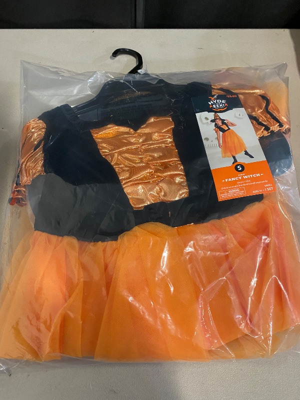Photo 1 of (S) Girls Orange & Black Fancy Witch Dress & Hat Halloween Costume