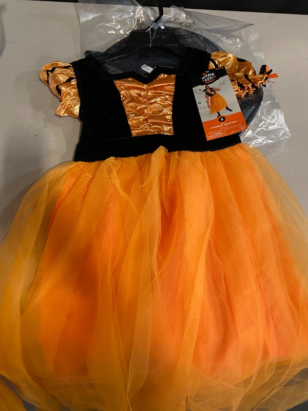 Photo 1 of (S) Girls Orange & Black Fancy Witch Dress & Hat Halloween Costume