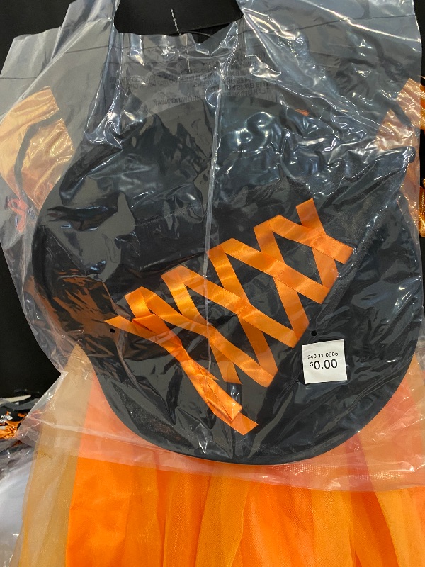 Photo 1 of (M) Girls Orange & Black Fancy Witch Dress & Hat Halloween Costume