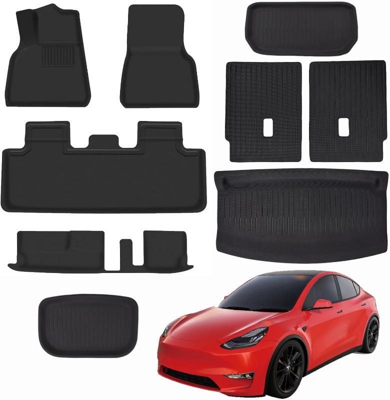 Photo 1 of Floor Mats Set 9 Pack for Tesla Model Y 7 Seater Accessories 2020 2021 2022 2023 2024 All Weather Floor Mats Waterproof Anti-Slip 3D Floor Liner Mat Full Cover Front Rear Trunk Mats