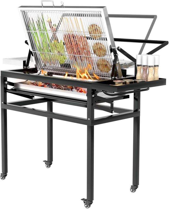Photo 1 of BBQ Charcoal Grill with Cart, Heavy Duty Square Outdoor Detachable Portable Grill, 360° Rotating Cooking Grid Stand-up Grills with Wheels for Camping Garden Commercial Barbeque