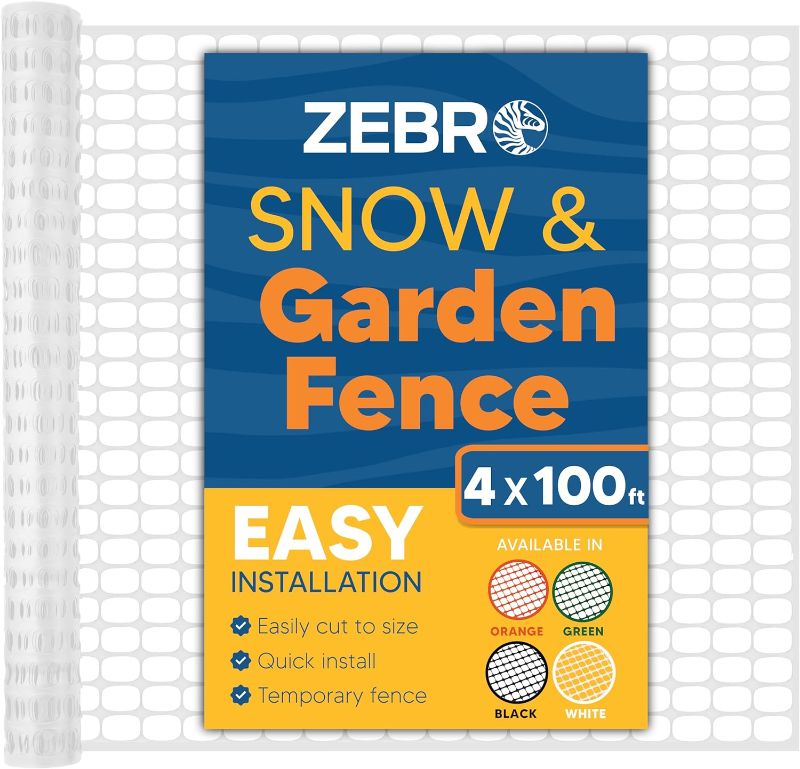 Photo 1 of ZEBRO 4' x 100' White Plastic Garden Fence Roll – Standard Duty Safety Netting for Snow, Poultry, Deer, Dogs – Reusable Outdoor Barrier for Yard, Landscaping, Animal Protection