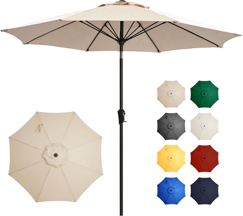 Photo 1 of 9FT Large Outdoor Patio Umbrella Market Table Umbrella-UV Resistant, Easy Push Button Tilt and Crank, 8 Sturdy Fiberglass Ribs Heavy-Duty Pool Umbrella for Deck, Backyard,Garden,Beige