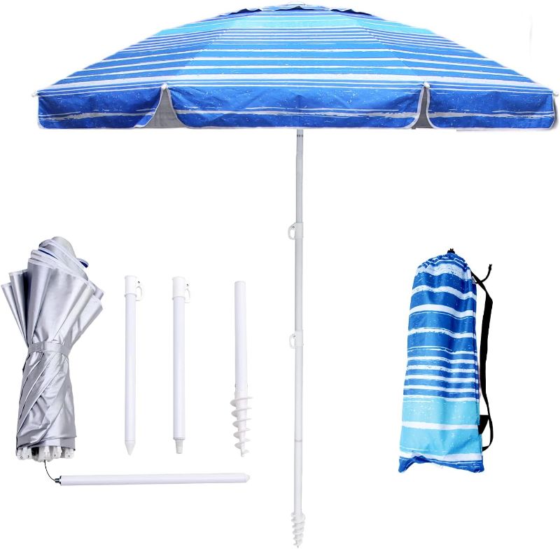 Photo 1 of 6.5ft Beach Umbrella - Heavy Duty Wind Resistant UV 50+ Portable Sun Shade with Sand Anchor & Carry Bag, Outdoor Folding Umbrella for Beach, Pool, Patio, Garden (Blue Stripe)