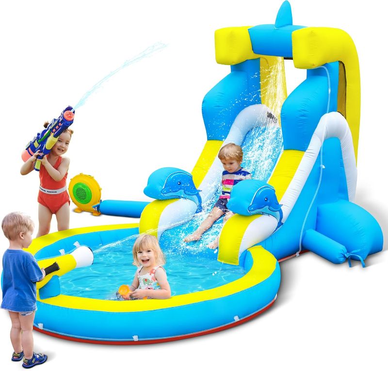 Photo 1 of Inflatable Water Slide: 4 in 1 Bounce House Water Park Dolphin Style for Kids - Climbing Wall Splash Pool Water Cannon - 370W Blower - Wet & Dry Indoor Outdoor Backyard Birthday Party