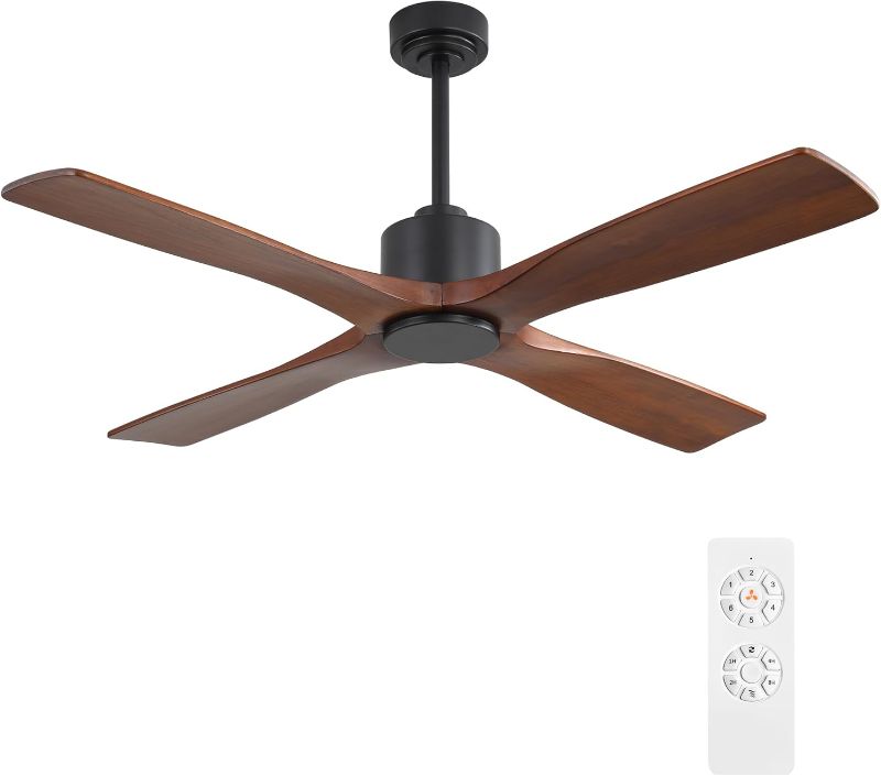Photo 1 of 54 Inch DC Ceiling Fan without Lights, 4 Carved Solid Wood Blades, 6-Speed Noiseless Reversible DC Motor, Modern Ceiling Fan No Light with Remote, Black Finish with Walnut Blades, ETL Listed