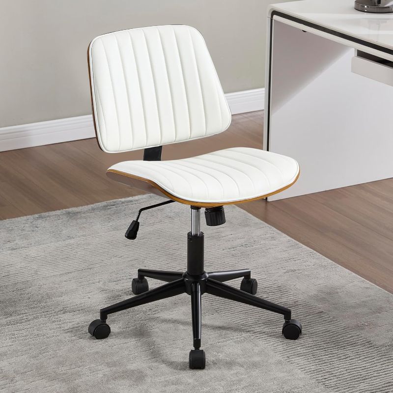 Photo 1 of Small Home Office Chair - Armless Mid Back Desk Chair with 360° Swivel and Wheels, PU Upholstered Height Adjustable Modern Walnut Computer Chair for Home, Office Meeting Room - White