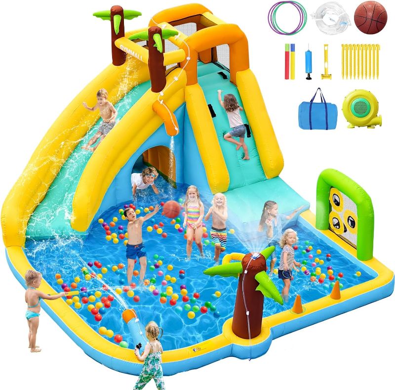 Photo 1 of Inflatable Water Slide Bounce House with 450 W Blower, Blow up 10-in-1 Waterslide Park Bouncy Castle for Kids 3-10 Outdoor and Indoor, Bouncer House with Splash Pool, Sprinklers and Long Slide