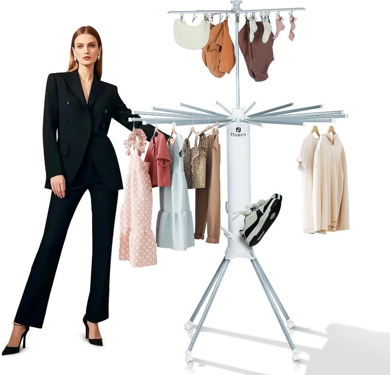 Photo 1 of Clothes Drying Rack 2025 Upgrade 4-Legged 3-Tier Foldable Laundry Rack with 4 Pulleys 20 Clips,6 Shoe Dryers 16Drying Rods for Indoor/Outdoor, Camping, Poolside Space Saving, Whit
